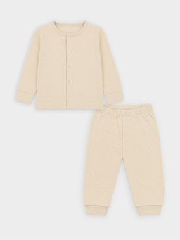 Mi Arcus - Solid Full Sleeves Top With Stripes Pattern Pyjama Thermal- Beige