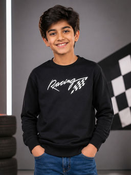KiddoPanti - Boys Cotton Fleece Full Sleeves Racing Printed Sweatshirt