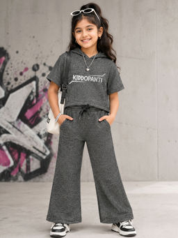 KiddoPanti - Girls Cotton Knit Half Sleeves Hooded Co-Ord Sets Olive
