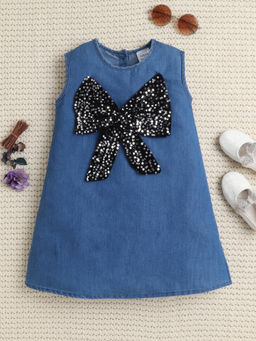Bright Star Kids Wear - Girls Sleeveless Denim Dress With Large Sequins Bow Applique