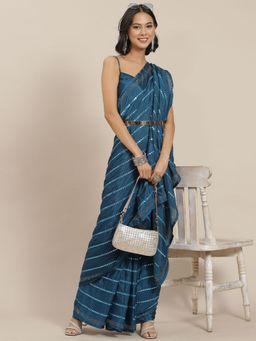 Odette - Teal Blue Elegant Mirror Work Saree with Unstitched Blouse