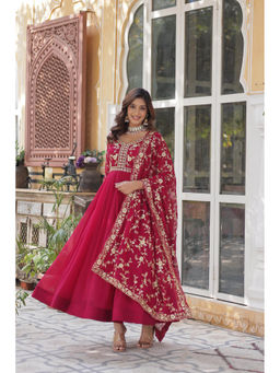JATRIQQ - Rani Pink with Sequins-Multi and Zari Embroidered Work Dress with Dupatta (Set of 2)