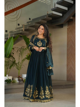 JATRIQQ - Teal Georgette with Zari Thread and Sequins Embellished Dress with Dupatta (Set of 2)