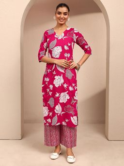 Libas - Pink Floral Printed Straight Kurta With Chevron Printed Palazzo