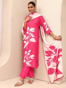 Libas - Pink Floral Printed Straight Kurta With Pant & Dupatta