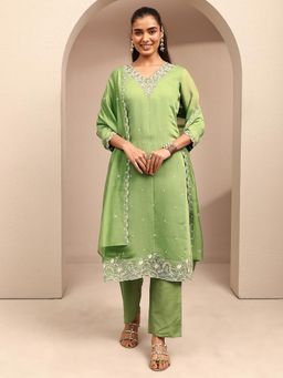 Libas - Green Floral Zari Embroidered Straight Kurta With Pant & Dupatta