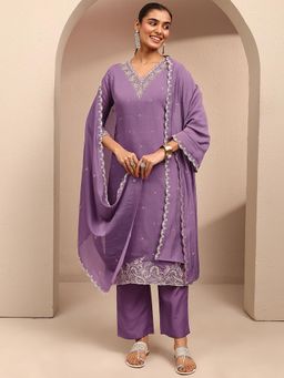 Libas - Purple Floral Motif Embroidered Straight Kurta With Pant & Dupatta