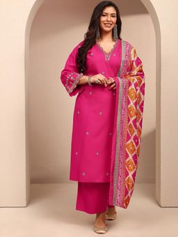 Extra love by Libas - Plus Size Pink Zari embroidered Kurta With Pant & Dupatta