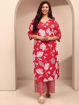 Extra love by Libas - Plus Size Red Floral Printed Straight Kurta With Chevron Printed Palazzo
