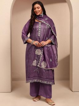Extra love by Libas - Plus Size Purple Floral Embellished Straight Kurta With Pant & Dupatta
