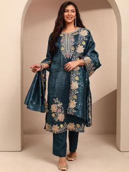 Extra love by Libas - Plus Size Teal Floral Embroidered Kurta With Pant & Dupatta