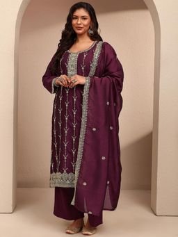 Extra love by Libas - Plus Size Burgundy Floral Embroidered Kurta With Pant & Dupatta
