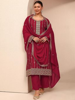 Extra love by Libas - Plus Size Maroon Ethnic Motif Embroidered Kurta With Pant & Dupatta