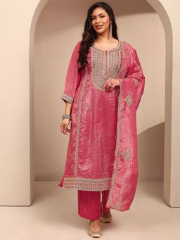Extra love by Libas - Plus Size Pink Embroidered Straight Kurta With Pant & Dupatta