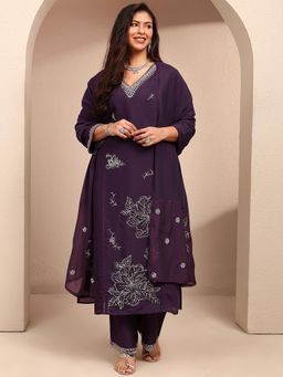 Extra love by Libas - Plus Size Purple Beads & Stone Panelled Kurta With Pant & Dupatta