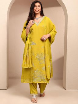 Extra love by Libas - Plus Size Yellow Beads & Stone Panelled Kurta With Pant & Dupatta