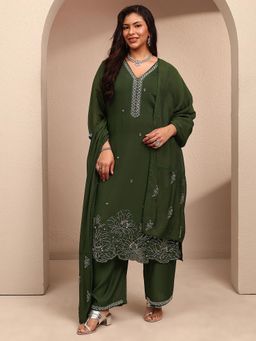 Extra love by Libas - Plus Size Green Beads & Stone Straight Kurta With Pant & Dupatta