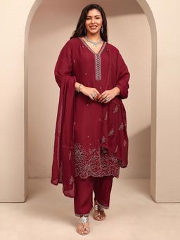 Extra love by Libas - Plus Size Maroon Beads & Stone Straight Kurta With Pant & Dupatta