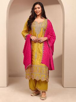 Extra love by Libas - Plus Size Mustard Floral embroidered Straight Kurta With Pant & Dupatta
