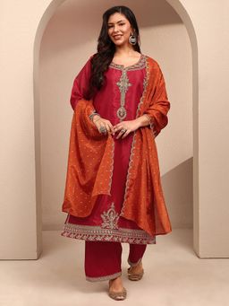 Extra love by Libas - Plus Size Red embroidered Straight Kurta With Pant & Dupatta