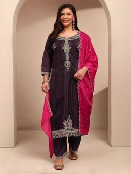 Extra love by Libas - Plus Size Burgundy Floral embroidered Straight Kurta With Pant & Dupatta