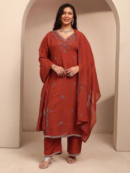 Extra love by Libas - Plus Size Rust Beads & Stone Panelled Kurta With Pant & Dupatta