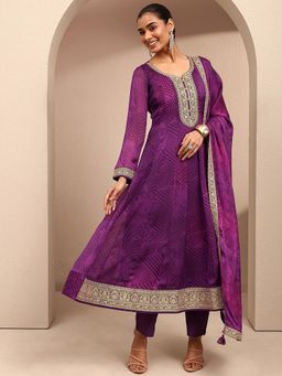 Libas - Purple Ethnic Motif Printed Anarkali Kurta With Pant & Dupatta