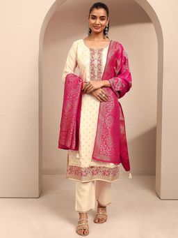 Libas - Cream Floral Zari Embroidered Kurta With Pant & Dupatta