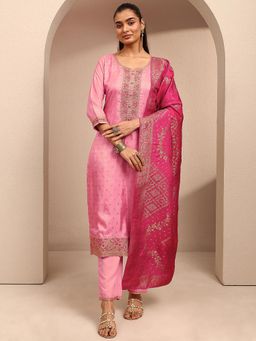 Libas - Pink Floral Zari Embroidered Kurta With Pant & Dupatta
