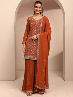 Libas Art - Orange Floral Embroidered Kurti With Solid Palazzo & Embroidered Dupatta