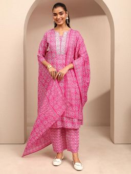 Gerua By Libas - Pink Floral Printed Straight Kurta With Pant & Dupatta