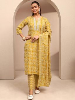 Gerua By Libas - Mustard Floral Printed Straight Kurta With Pant & Dupatta