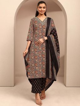 Gerua By Libas - Black Floral Printed Straight Kurta With Pant & Dupatta