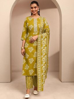 Gerua By Libas - Olive Floral Printed Straight Kurta With Pant & Dupatta