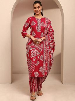 Gerua By Libas - Red Floral Printed Straight Kurta With Pant & Dupatta