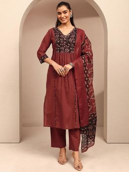 Libas - Maroon Floral Ajrakh Yoke Design Printed A-Line Kurta With Pant & Dupatta