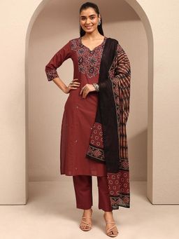 Libas - Maroon Floral Ajrakh Yoke Printed Panelled A-Line Kurta With Pant & Dupatta
