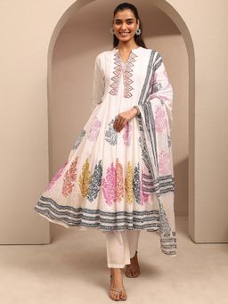 Libas - White Printed & Woven Design Anarkali Kurta With Pant & Dupatta