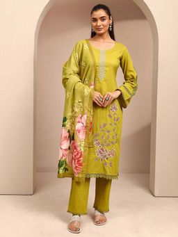 Libas - Mustard Floral Embroidered Straight Kurta With Pant & Dupatta
