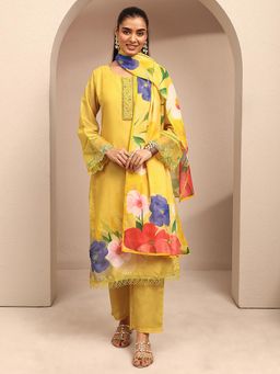 Libas - Yellow Floral Printed Straight Kurta With Pant & Dupatta