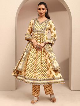 Libas - Yellow Floral Printed Anarkali Kurta With Pant & Dupatta