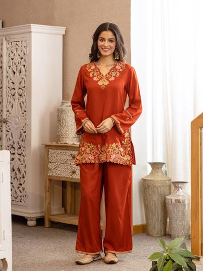 Karen Apricot Embroidery Cotton Co-Ord Set
