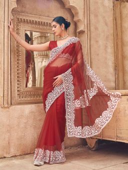 Tikhi Imli - Rust Colored Net Embroidered Saree With Unstitched Blouse