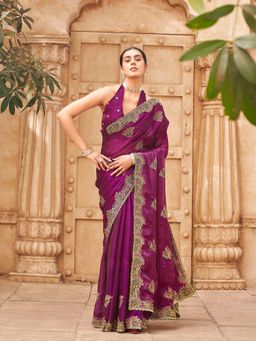 Tikhi Imli - Rust Colored Designer Embroidered Saree With Unstitched Blouse