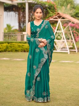 Tikhi Imli - Green Colored Embroidered Saree With Unstitched Blouse