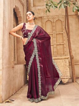 Tikhi Imli - Maroon Embroidered Satin Saree With Unstitched Blouse