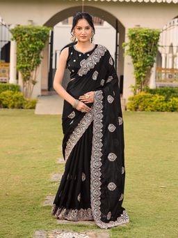 Tikhi Imli - Black Colored Shimmer Georgette Base Embroidered Saree With Unstitched Blouse
