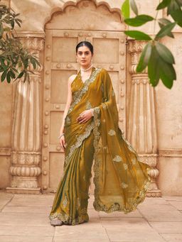Tikhi Imli - Gold Colored Embroidered Saree With Unstitched Blouse