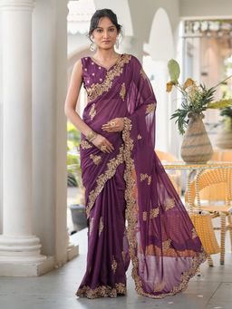Tikhi Imli - Magenta Colored Shimmer Georgette Based Zari Embroidered Saree With Unstitched Blouse