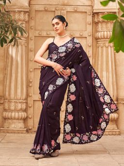 Tikhi Imli - Purple Colored Shimmer Georgette Base Embroidered Designer Saree With Unstitched Blouse